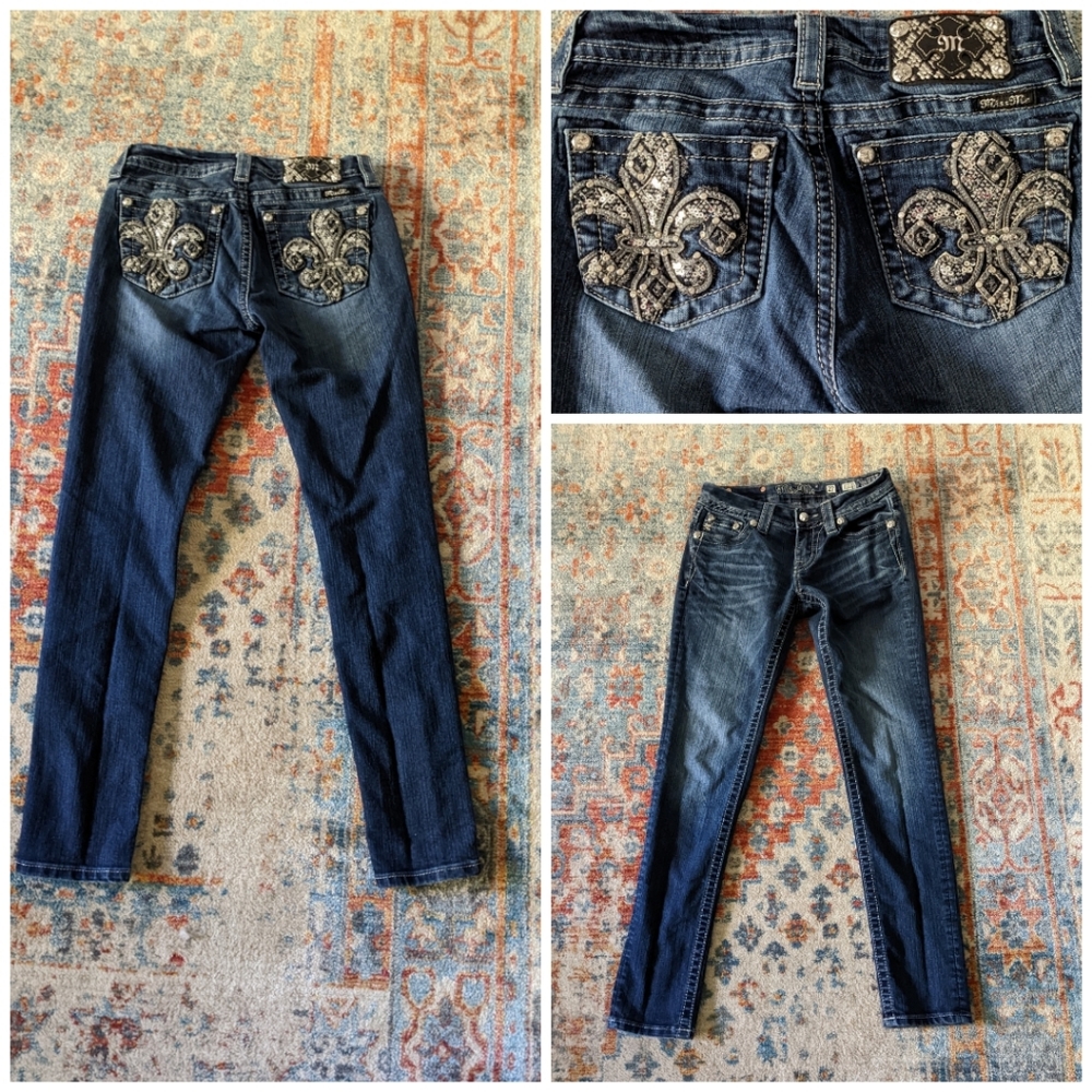 Miss Me Bling Rhinestone Sequin Fleur de Lis Mid-rise Skinny Jeans Women's 27